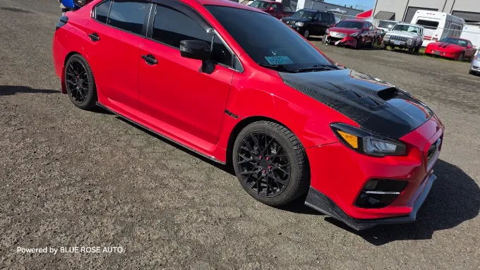 Chrome delete and carbon fiber hood wrap on red Subaru WRX — Blue Rose Wraps Springfield OR