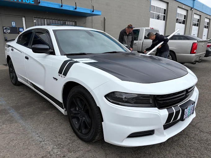 Custom racing stripes and graphics on white Dodge Charger SXT — Blue Rose Wraps Springfield OR